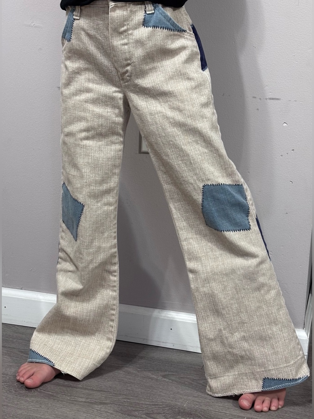 Kids Beige  Patchwork Jeans with Blue Accents